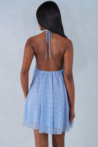 Minivestido Halter Babydoll con Estampado de Topos Azules