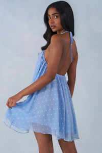 Minivestido Halter Babydoll con Estampado de Topos Azules