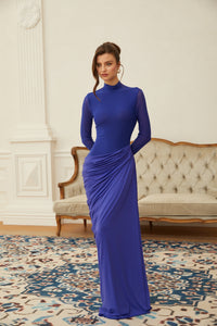 Vestido largo Éva azul drapeado fruncido