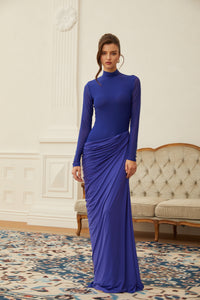 Vestido largo Éva azul drapeado fruncido