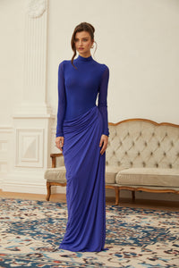 Vestido largo Éva azul drapeado fruncido