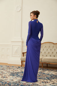 Vestido largo Éva azul drapeado fruncido