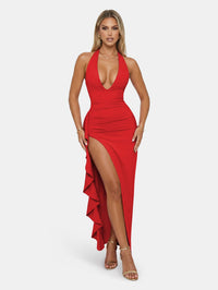 Maxivestido halter con escote en V pronunciado