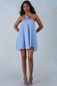 Minivestido Halter Babydoll con Estampado de Topos Azules