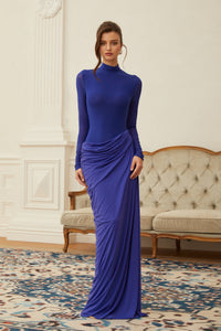 Vestido largo Éva azul drapeado fruncido