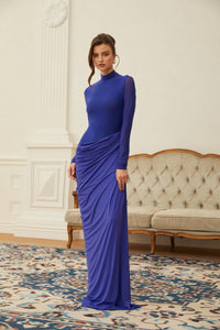 Vestido largo Éva azul drapeado fruncido