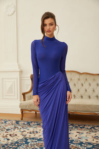 Vestido largo Éva azul drapeado fruncido