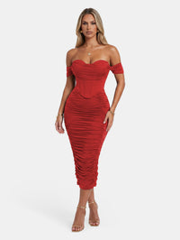Vestido de cóctel ajustado de longitud midi con fruncido y efecto corsé