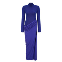 Vestido largo Éva azul drapeado fruncido