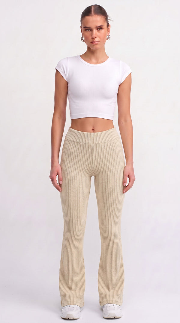 Gerippte Strick-Schlaghose - Creme