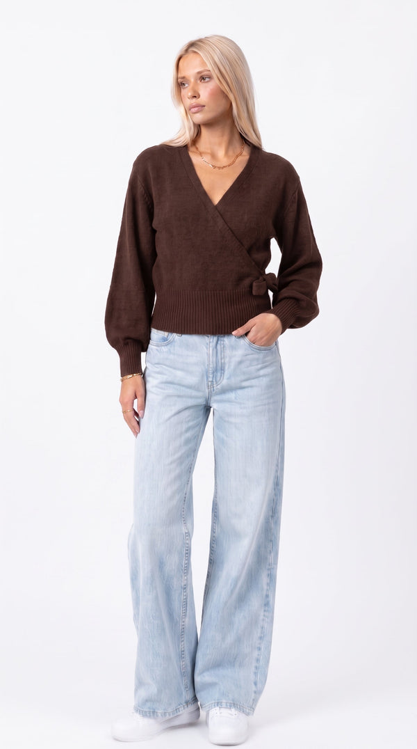 Wickelbluse mit Ballonärmeln - Braun